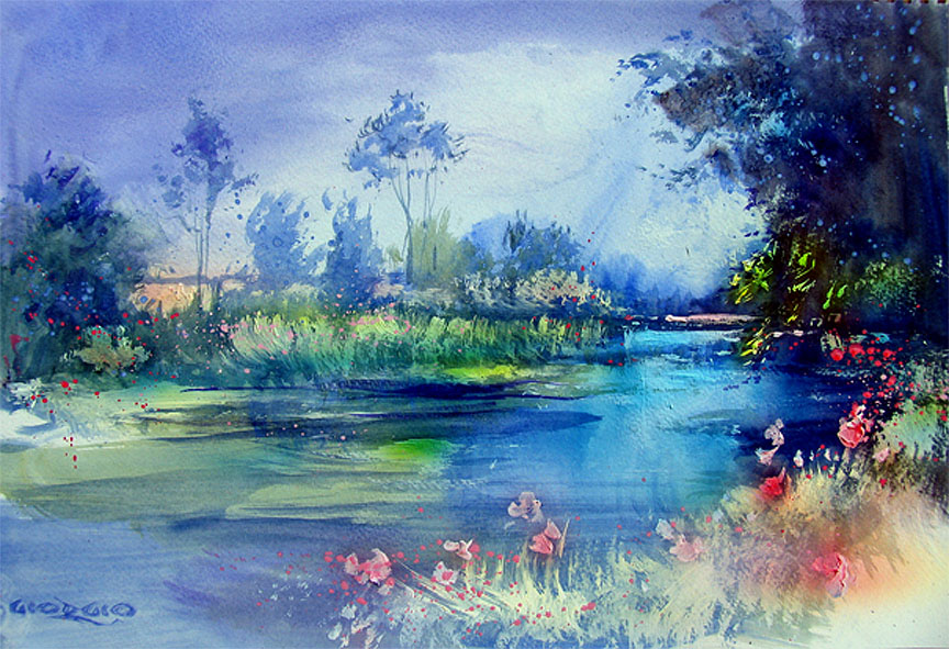 Landscape. Watercolor with acrylic highlights.